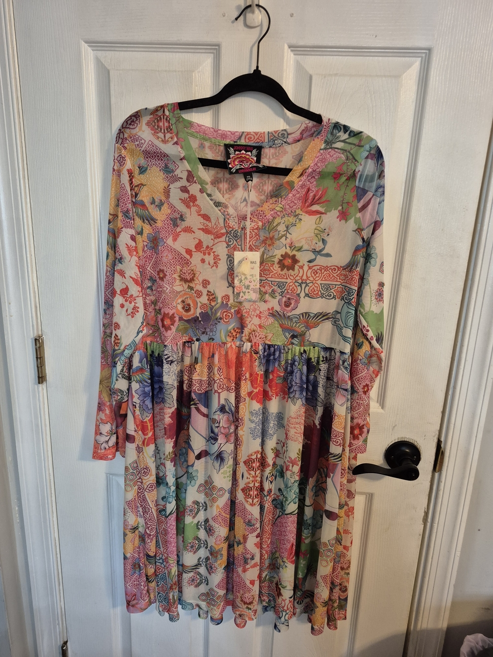 Johnny Was LONG SLEEVE V‑NECK MESH SINGLE TIER DRESS